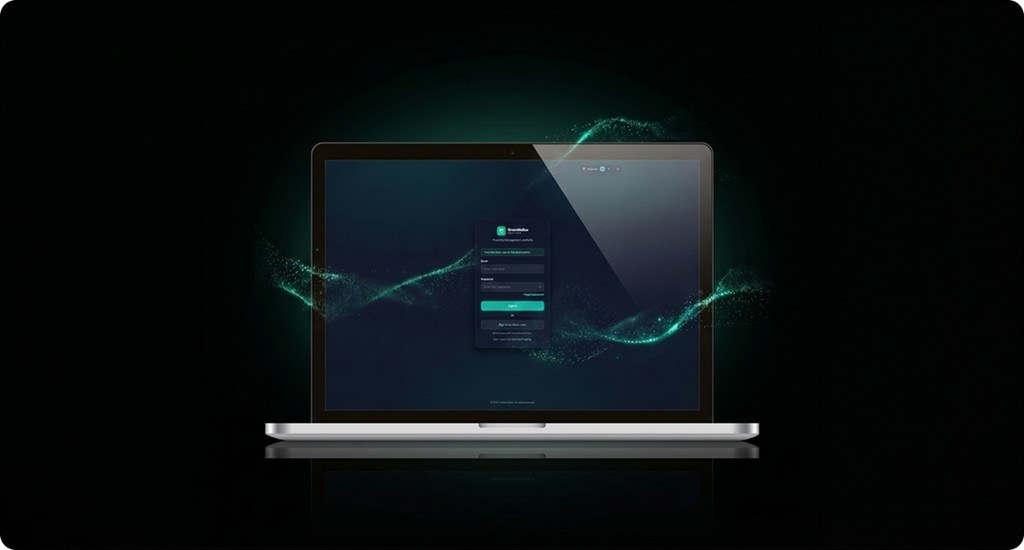 Green Helios login screen on a laptop