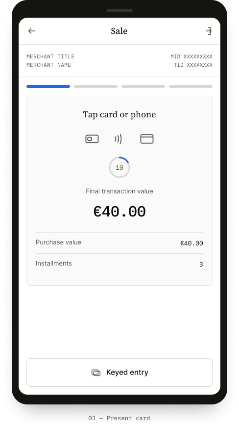 Present card screen — tap card or phone with purchase summary