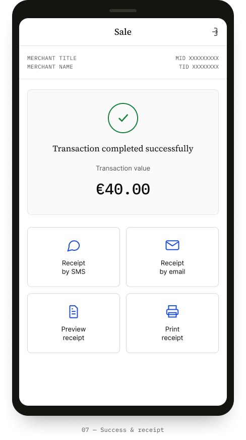 Success screen — transaction completed with receipt options
